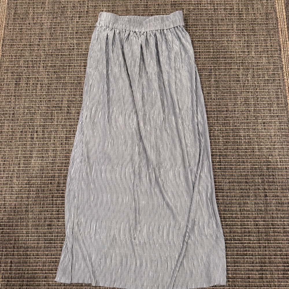 Pleated Light Blue Gray Maxi Skirt with Elastic Waist